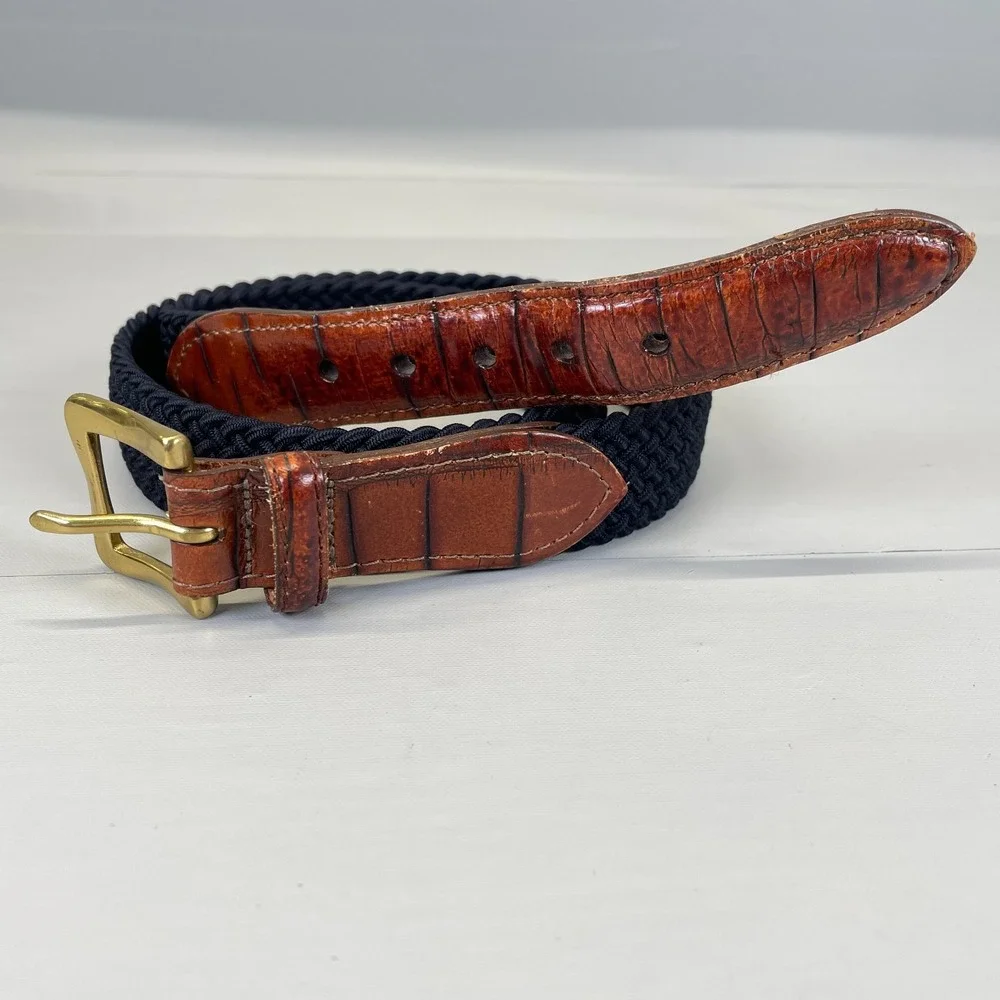 Martin Dingman Brown Blue Leather Belt Mens Size 32 Croc Embossed Stretch Woven